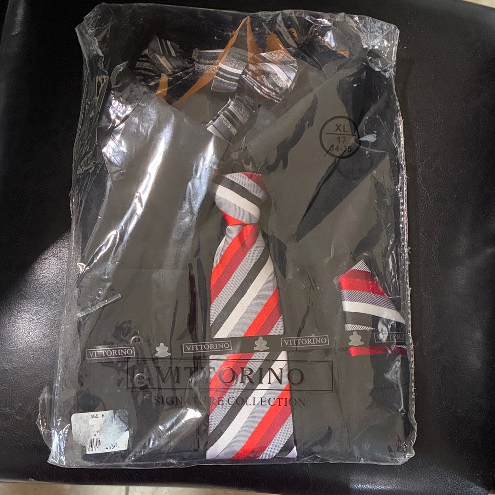 Vittorio Black Shirt with Red and Gray Striped Tie